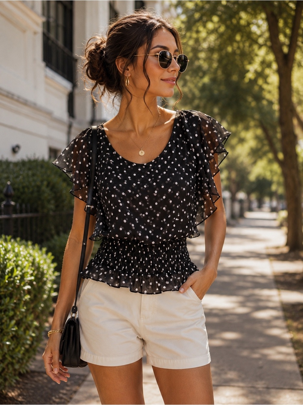 Takara Black Polka Dot Flutter Sleeve Blouse